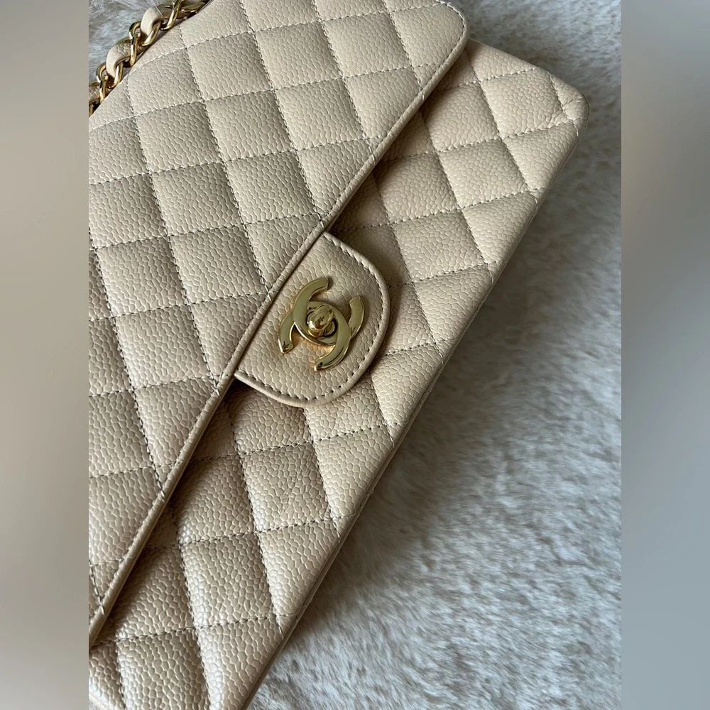 CHANEL Caviar Quilted Medium Double Flap Beige with golden hardware